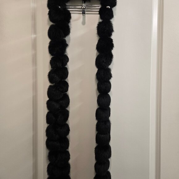Extra Long Black Rabbit Fur Pompom Scarf #2 - Picture 3 of 4